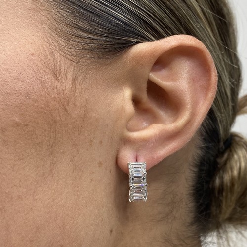 Emerald Lab Created Diamond Hoop Earrings 5.69 Ct F/VS 14k White Gold Prong - Picture 2 of 11