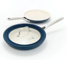 GreenPan Savour 9.5" & 11" Fry Pan Set w/ Universal Swing Lid Oxford Blue New