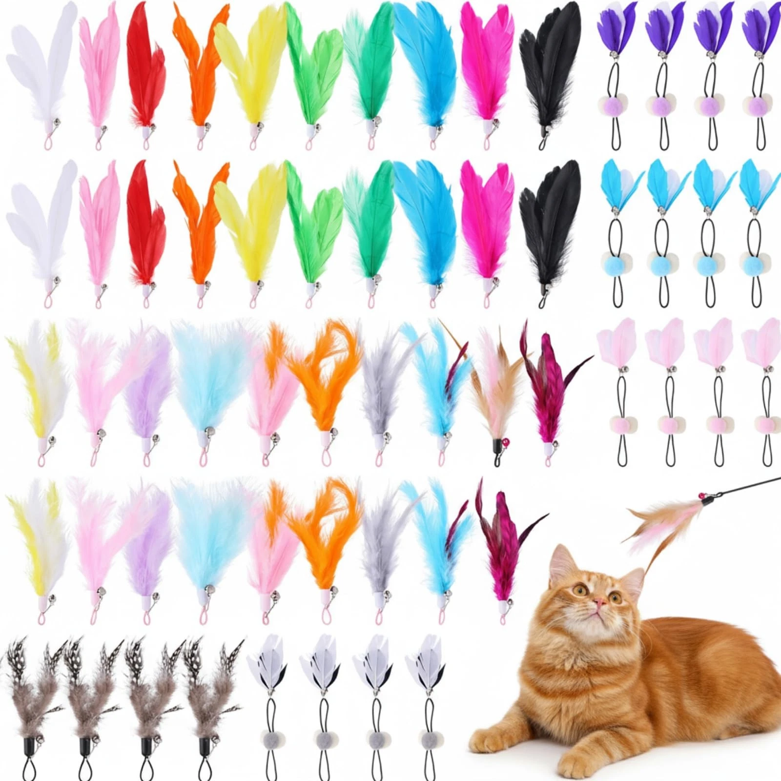 60 PCS Cat Wand Feather Toys Refill Colorful Replacement With Bells