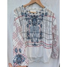 Johnny Was BIYA Embroidered Boho Peasant Top Blouse Sz XS Oversized Semi Sheer