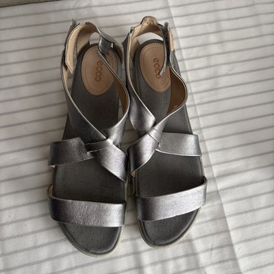 ECCO Sandals Womens 11 Damara Casual Cross Strap Slip On Flats Silver Leather