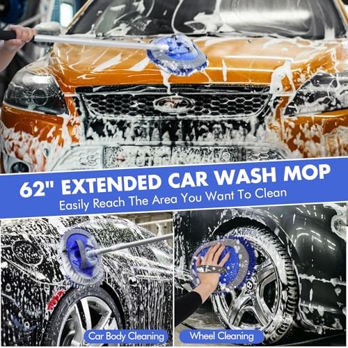 62'' Car Wash Brush with Long Handle, Scratch-Free Car Wash Mop Kit with Wheel 