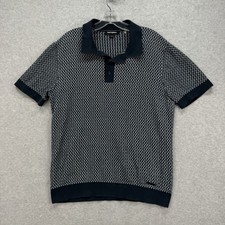 Karl Lagerfeld Polo Shirt Mens Medium Navy Check Rib Knit Sweater Short Sleeve