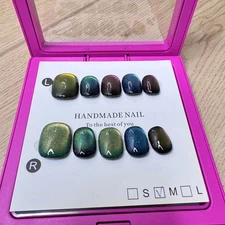 Handmade Hard Gel Press on Nail Art Kit Sz M Glitter Ombre Blue Teal Translucent