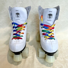 Epic Allure Quad Roller Skates - White w/ Rainbow Laces - Size 8 Light Up Wheels