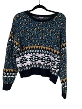 Wrangler Animal Print Sweater S Blue Crop Fuzzy Western Boho  Retro Southwest
