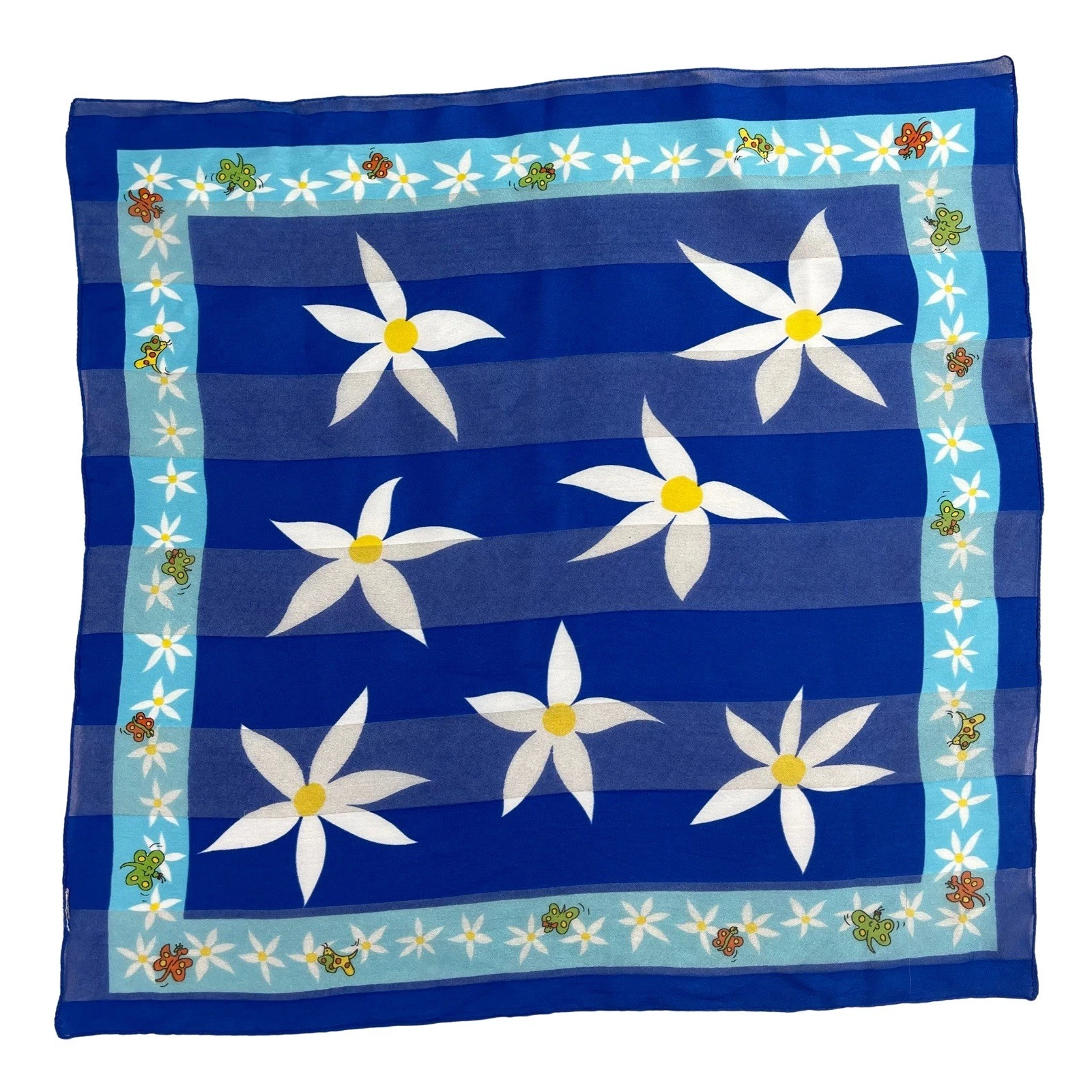 Floral Butterfly Square Scarf Womens Blue White Daisy Sheer Cottage Retro Spring