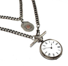 Gents silver pocket watch with fob, T-bar and fully stamped albert chain  key