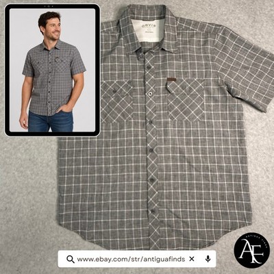 Orvis Mens Grey Plaid Short Sleeve Button Down Shirt Large Mesh Back Outdoor