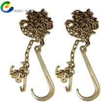 G70 5/16''x10' Transport Tow Chain J Hook Long Shank w/ R T J&Grab Hook 2PCS New