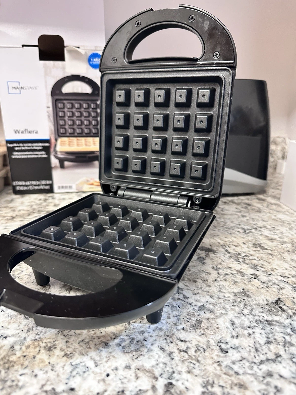 Mainstays Black Square Waffle Maker Non-Stick, Indicator Light, Compact Storage