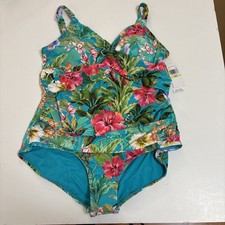 Jantzen Wrap Neck One-Piece w/Adjustable Straps Palm and Tropic 18W NWT Swimsuit