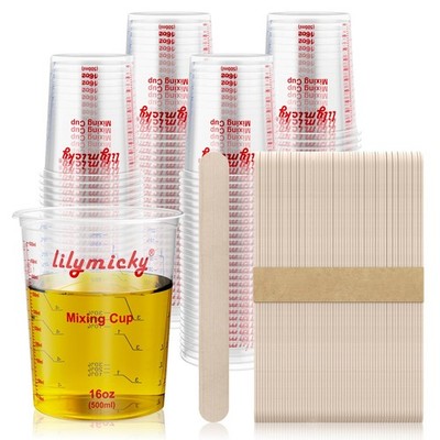 16 oz Plastic Mixing Cups, 100 Pack 16 oz (500ml) Disposable Measuring Cups w...