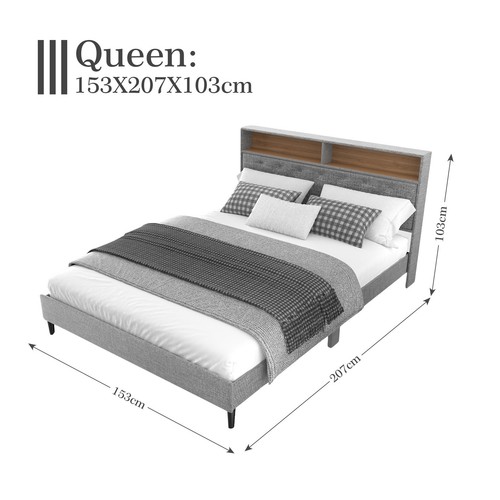 Queen Size Bed Frame Platform Mattress Base Storage Headboard with LED Light - Picture 2 of 8