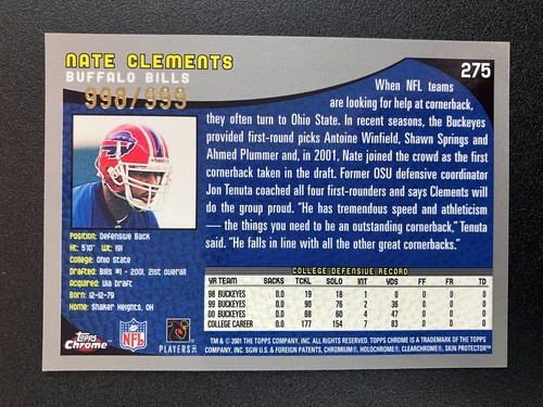 2001 TOPPS CHROME REFRACTOR #275 - NATE CLEMENTS RC #ED /999 - 第 2/2 張圖片