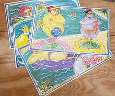 Rare lot de 4 napperons Conrad Bell poussins à la plage carnaval POULETS SEXY