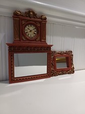 1/12 Scale Dollhouse Mantelpiece clock and 2 Mirrors in Chesnutt and Brass