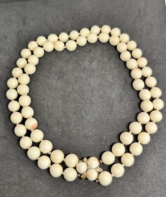 Vintage Ciner Signed Golden Floral Clasp Two Strand Faux White Coral Necklace 