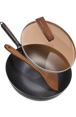 Aneder Carbon Steel Wok Pan with Lid & Wood Spatula Brand New 12.5''