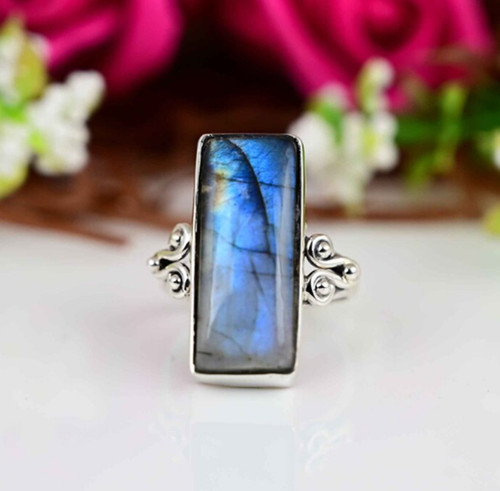 Labradorite Ring Solid 925 Sterling Silver Rectangle Gemstone Pretty Ring MK*