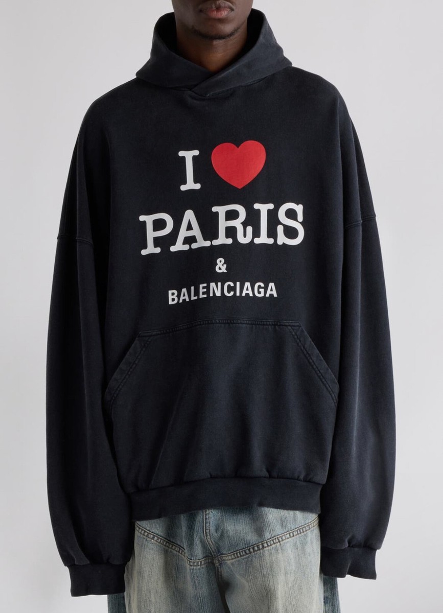 【SALE】I LOVE PARIS & BALENCIAGA フーディー I love Paris & Balenciaga Hoodie Large Fit In Black Faded