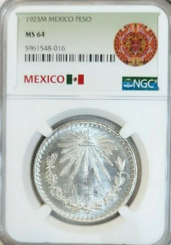 1925 MEXICO SILVER 1 PESO NGC MS 64 PQ BRIGHT BU SCARCE DATE GREAT COIN