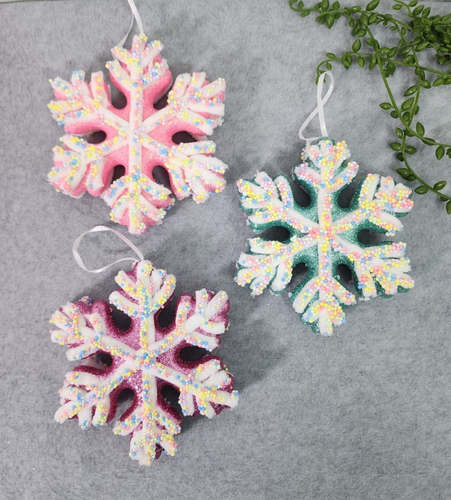 Pink Purple Blue Snowflake Ornaments Christmas Tree Candy 6" Glitter Beads 3 Pc - Picture 2 of 8