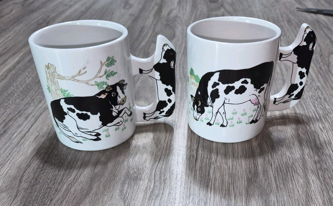 Set of Two Cow Mugs Cow Handles Ceramic Coffee Mugs Farmhouse Decor Farm Animal