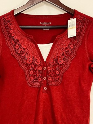 Van Heusen Womens Red Crochet-Trimmed 3/4 Sleeve Cotton Top Size M Comfy Casual