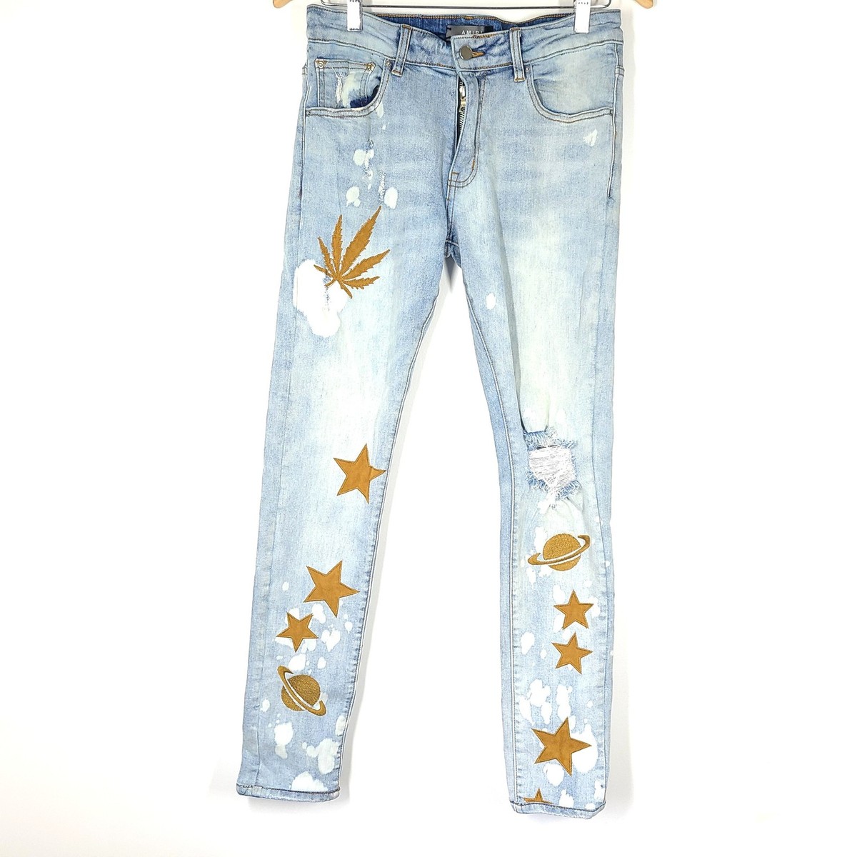AMIRI Men's Light Indigo Planet & Star Weed Jeans Skinny