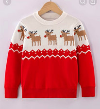 Size 8 girls Fair Isle Reindeer Crewneck Pullover Sweater Red White Brown