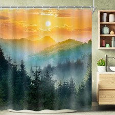 Green Misty Mountain Rustic Woodland Pine Tree Waterproof Shower Curtain 72x72