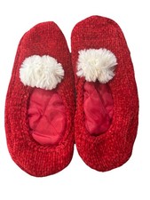 Vintage Red Cozy Slipper Socks With Cream Pom And Floor Gripper Pads