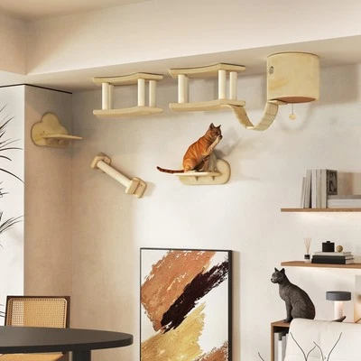 PawHut Katzen Kletterwand Set, 5-teilig Katzenmöbel mit Kratzstamm Leiter Haus