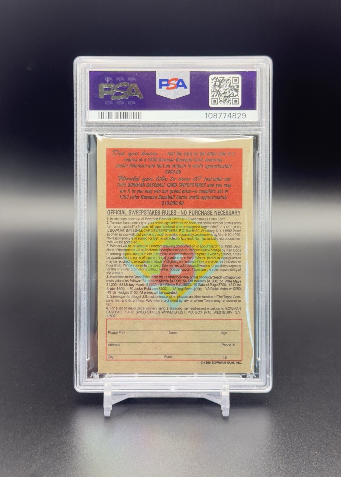 1989 Bowman Inserts 1950 Jackie Robinson PSA 10 GEM MINT view 5
