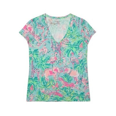 Lilly Pulitzer Etta V-neck Top Seasalt Blue On Parade Cotton Animal Print XS