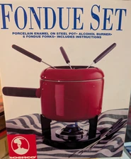 Roshco Fondue Set Red Porcelain Enamel on Steel Pot w/6 Forks Complete Set