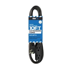 10 Ft Extension Cord with 3 Electrical Power Outlet - 16/3 Durable Black Cable