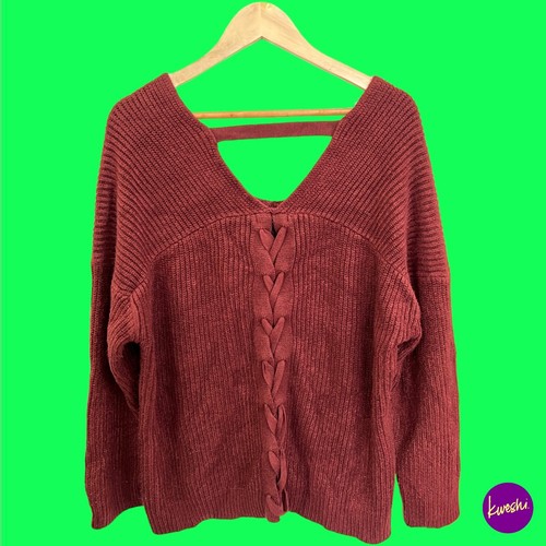 NEW LOOK Women's Sweater Jumper, High Low, Braided Back Accent, Burgundy, UK L - Picture 2 of 6