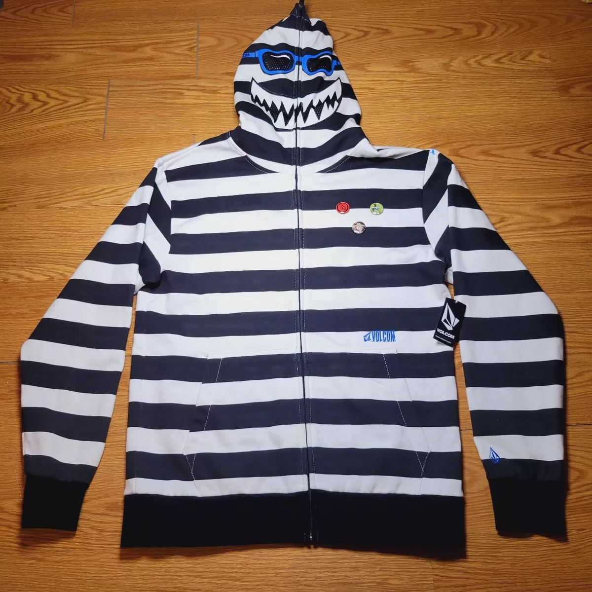 Vtg RARE Volcom Shark Full Zip Up Hoodie Mask Sz Large Black/White Striped NWT