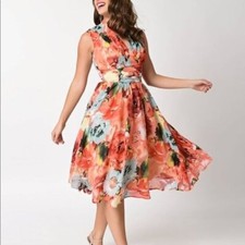 Unique Vintage De Carlo Floral Fit Flare Dress Retro Pinup Inspired Womens XS