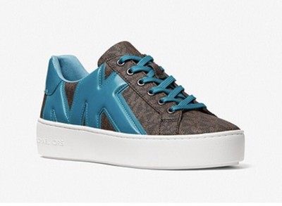 poppy logo and faux patent leather sneaker