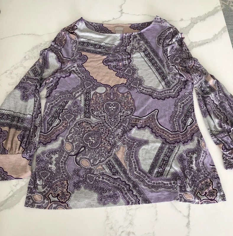 Chico’s Women’s Long Sleeve Top Blouse Purple Gray Peach Paisley Pattern Size 1