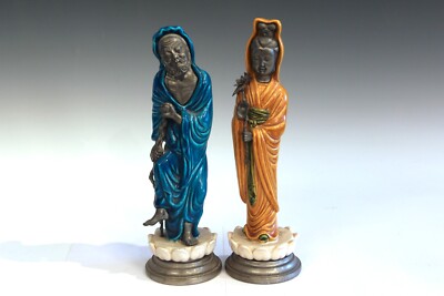 Pair Zaccagnini Italian Pottery Figures Guanyin Buddha Shouxing Raymor Vintage