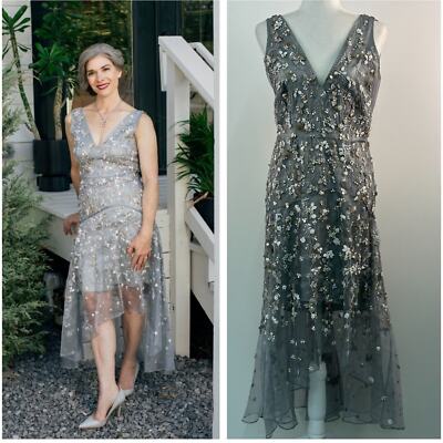 Elie Tahari Larsa Lace Illusion Beaded Platinum Gown Forma Dress MSRP $898 Sz 4