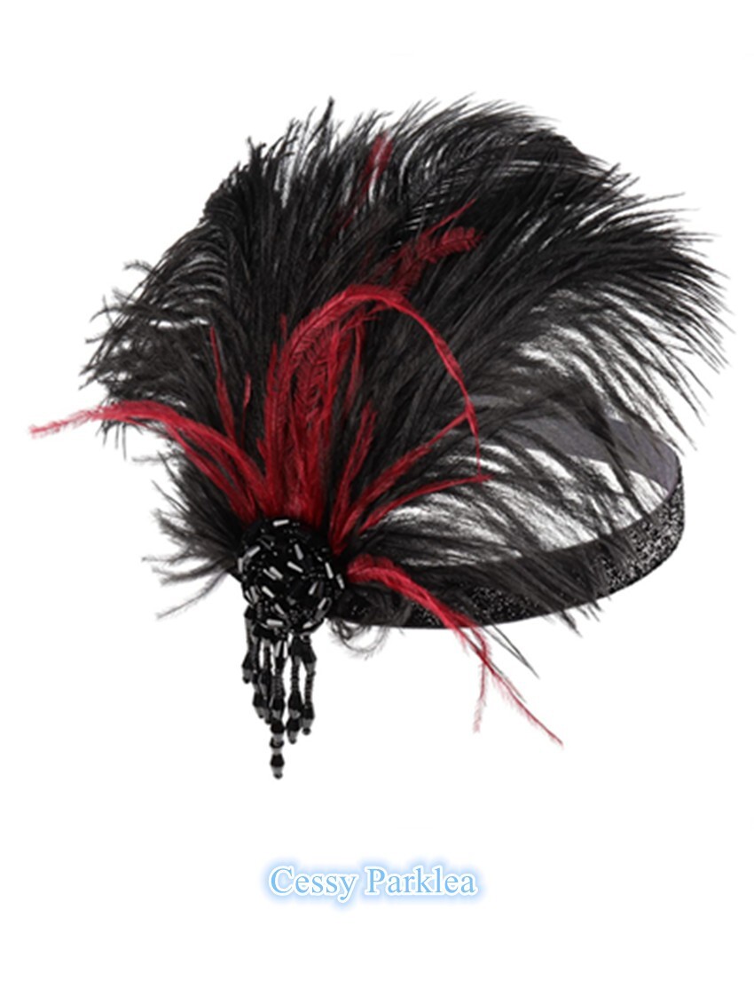 Burgundy Black Great Gatsby Headpiece Flapper 20s Costume Headband Feather