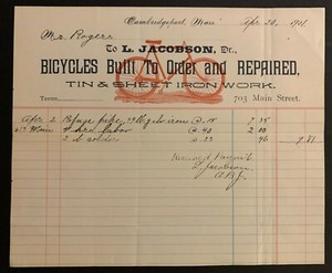 1901 BICYCLES BUILT TO ORDER CAMBRIDGEPORT MA  BILLHEAD L JACOBSON TIN IRON WORK