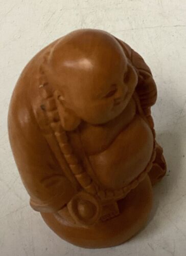 Buddha Statue Hotei Handmade Wood Carving 4” Tall - Picture 10 of 12