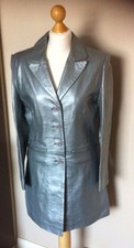 Ladies V.i.p Silver/ Real Leather Long Jacket Size 38/ Medium