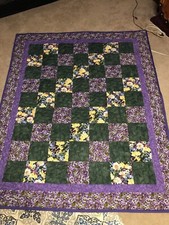 Handmade Quilt Purple Floral 82 x 68 inches Quilted with Flowers 100 Cotton